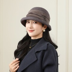 新款优雅渔夫帽女士秋冬季妈妈盆帽百搭卷边保暖毛呢中老年人帽子