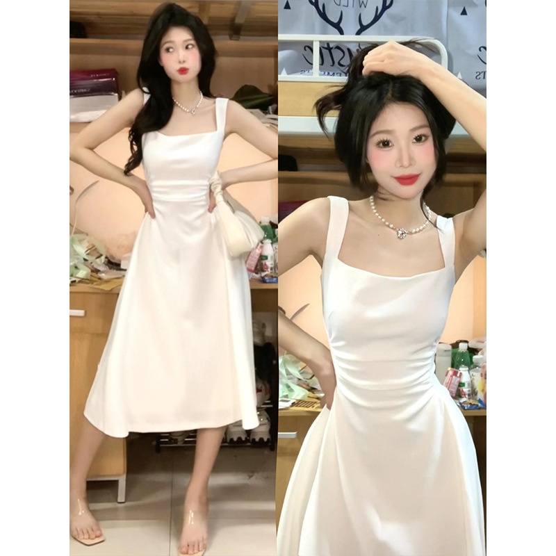 White Suspender Dress for Women, Summer Waist Slimming Look, French Style High-Waisted Sleeveless Long Skirt, High-End Square Neck Skirt