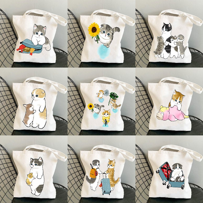 跨境外贸行李箱cat猫猫印花学生治愈休闲手提单肩背包帆布托特包