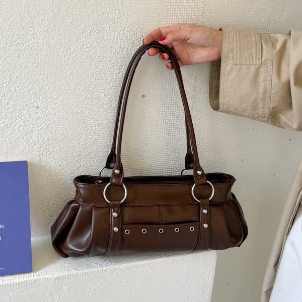 Studded Ring Handle East West PU Leather Shoulder Bag 1