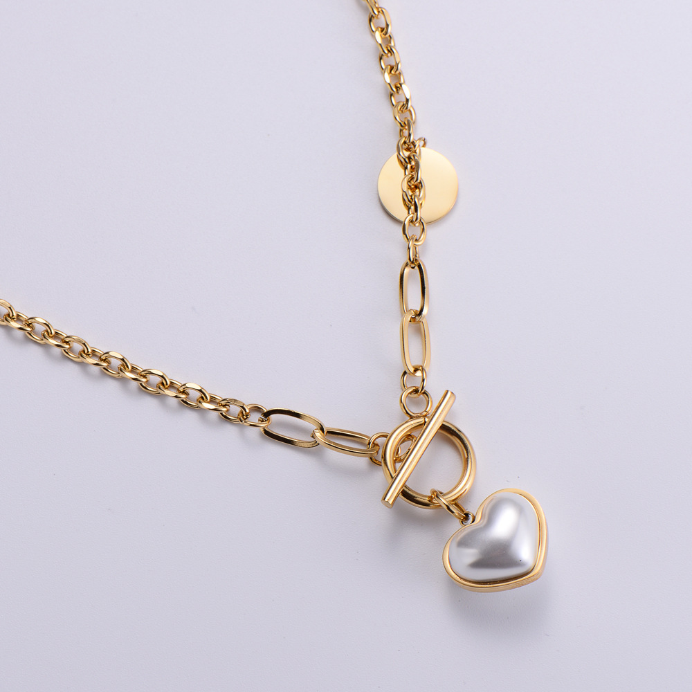 Simple Contrast Color Stainless Steel OT Chain Heart-Shaped Pearl Pendant Necklace