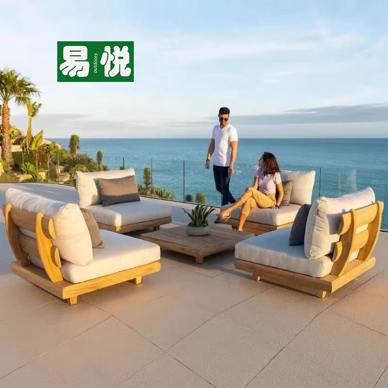 Sofá de tejido de cuerda al aire libre patio villa ocio sofá de teca de caña impermeable jardín terraza combinación de sofá de madera maciza