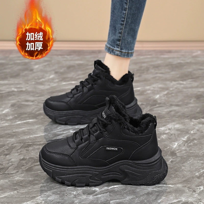 Женские кроссовки-«дад-шоу» 2025: новые зимние высокие кеды на толстой подошве, увеличивающие рост, на флисовой подкладке, спортивные, из хлопка, с кожаной поверхностью, универсальные, большие размеры