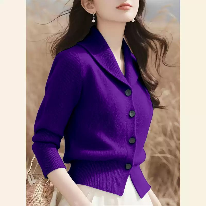 专柜女装毛衣时尚优雅纯色翻领长袖针织开衫女秋冬长袖上衣女|undefined