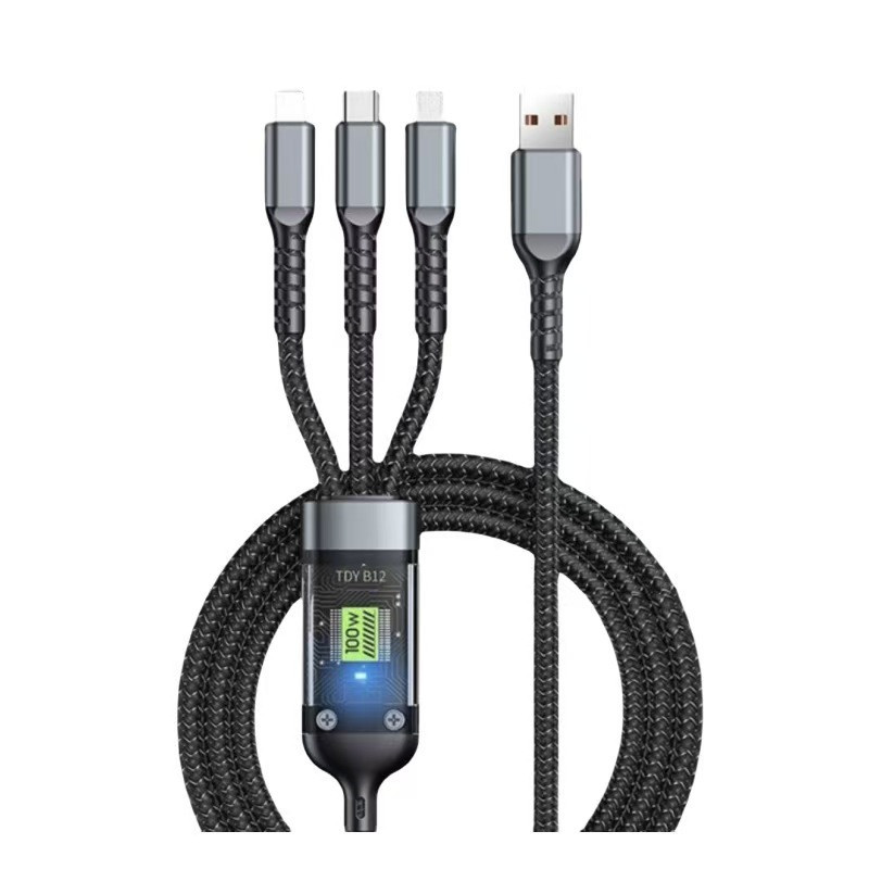 Dijital ekranlı üçü bir arada veri kablosu 100W şeffaf orta boy kart, Android, Apple, Type-C için uygun, süper hızlı şarj - 7