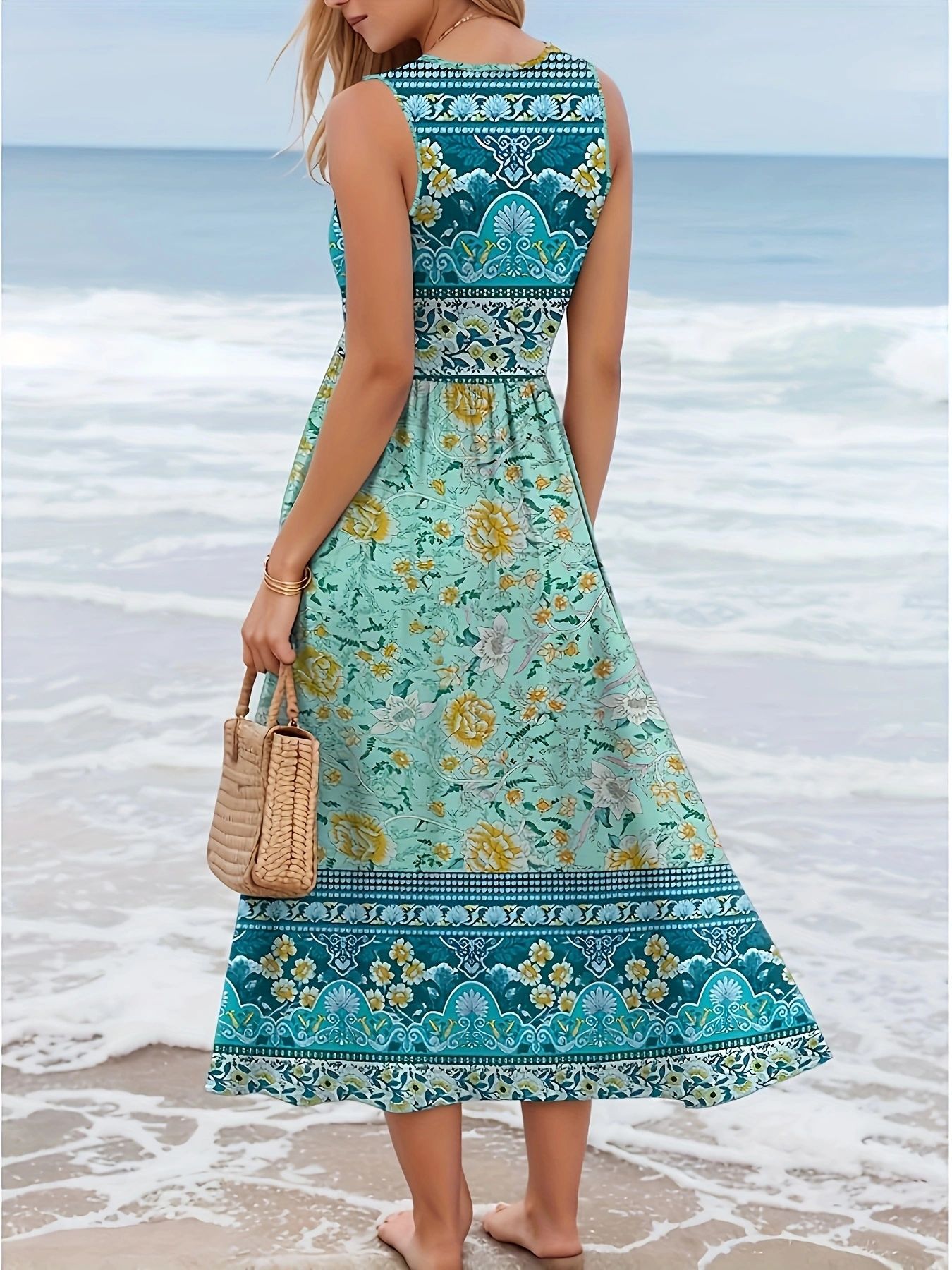 2025 European And American Printed Beach Sleeveless Vest Long Dress Women's Fashion_ecoleips.com