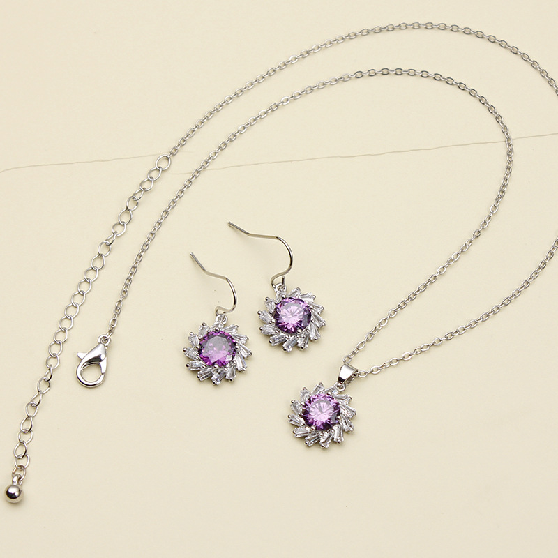 GS100 高档韩版紫色锆石项链耳环套装精致女式银色项链耳饰两件套