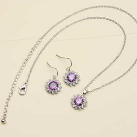 GS100 高档韩版紫色锆石项链耳环套装精致女式银色项链耳饰两件套