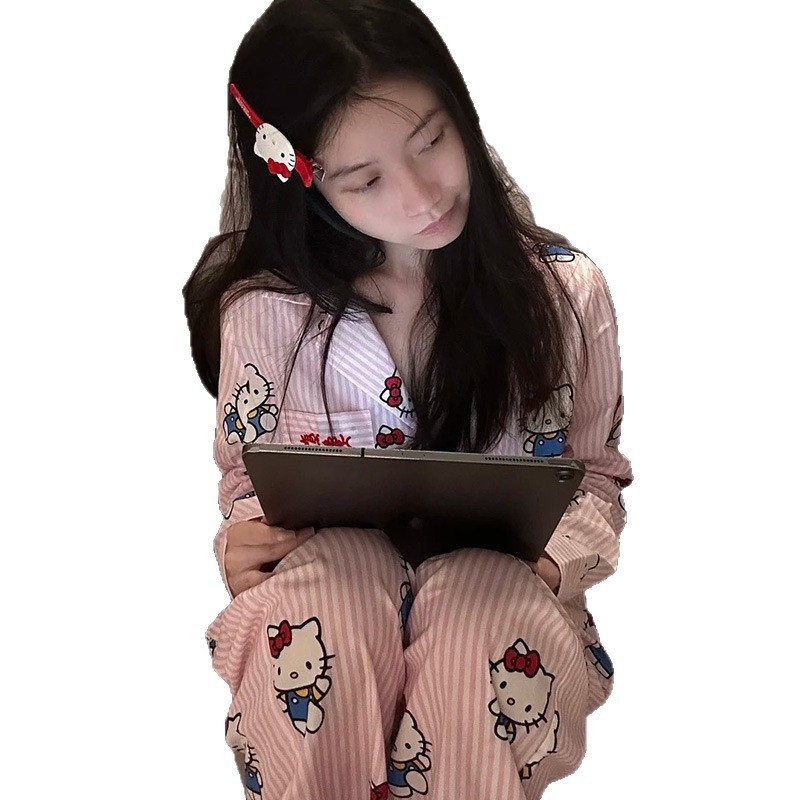 2025新款条纹kitty猫冰丝睡衣女春秋季长袖休闲风家居服夏天短袖|undefined