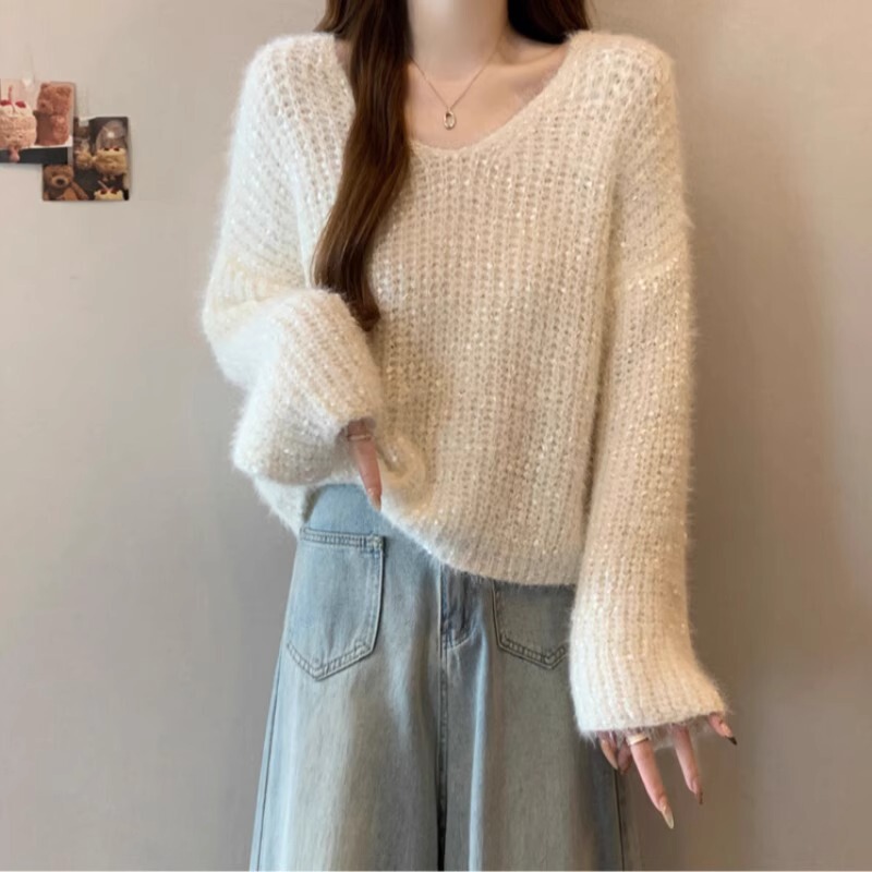 高级感软糯亮片v领毛衣女2025秋冬新款宽松慵懒风短款针织衫上衣|undefined