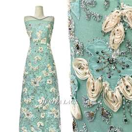 工厂盘带3D立体花彩珠绣珠管绣net lace婚纱晚礼服装饰网纱布面料
