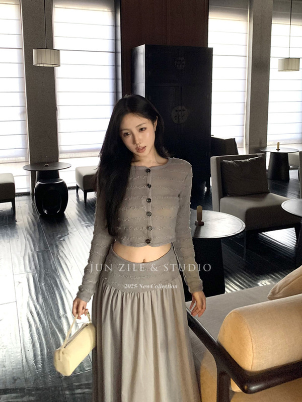 秋季套装女装针织开衫短款露脐长袖上衣高腰大摆a字半身裙长裙子|undefined