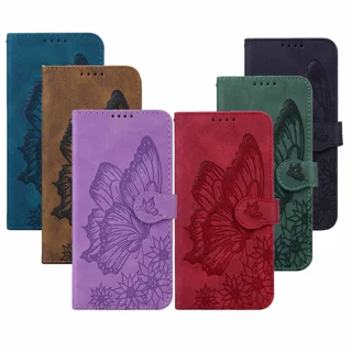 适用三星S21复古压纹蝴蝶手机套NOTE20插卡翻盖皮套A22压花保护套