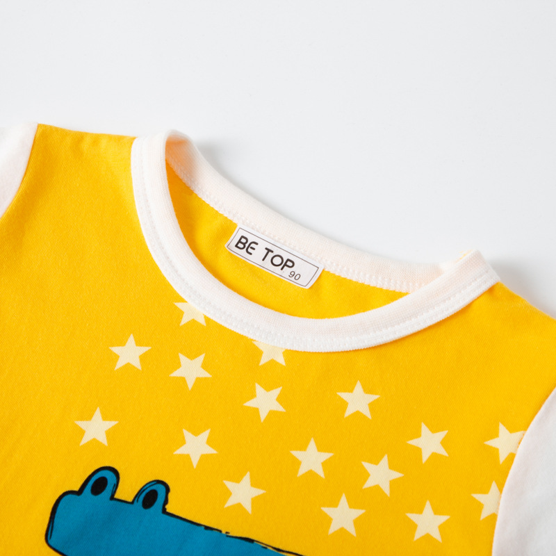 Nuevo verano dibujos animados dinosaurio de manga corta Camiseta niños ropa de verano patchwork manga corta estilo coreano entrega de una sola pieza ropa para niños al por mayor