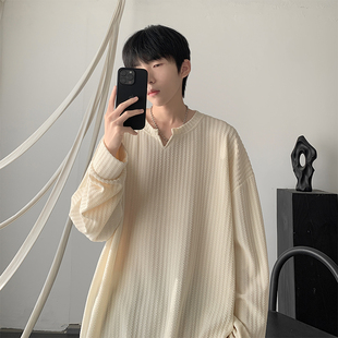 Factory Direct Supply V-neck Sweater Men's Spring and Autumn Solid Color Simple Casual All-match Texture Heavy White Long-sleeved T-shirt