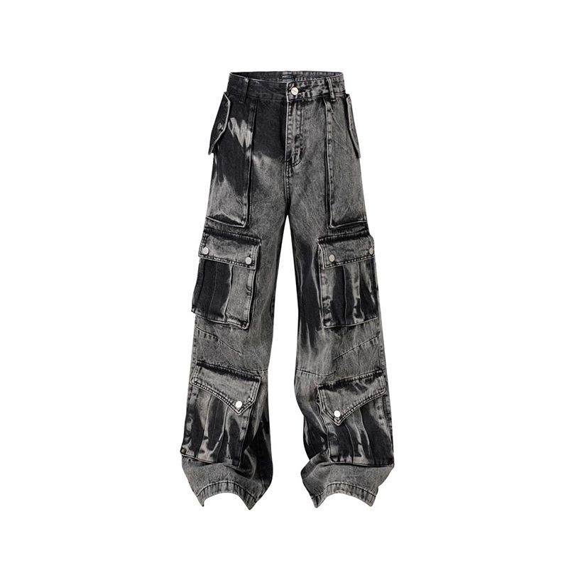 Abbigliamento maschile 2024 autunno nuovi prodotti foto reali pantaloni in denim lavato multitasche alla moda high street personalità_voghion.com