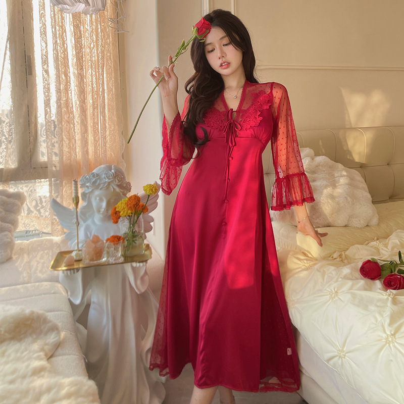 Chiffon Long-sleeved French Dress Pure Desire Pajamas Sexy Ice Silk Nightgown Women's Summer High-end Sense Home Clothes with Chest Pad