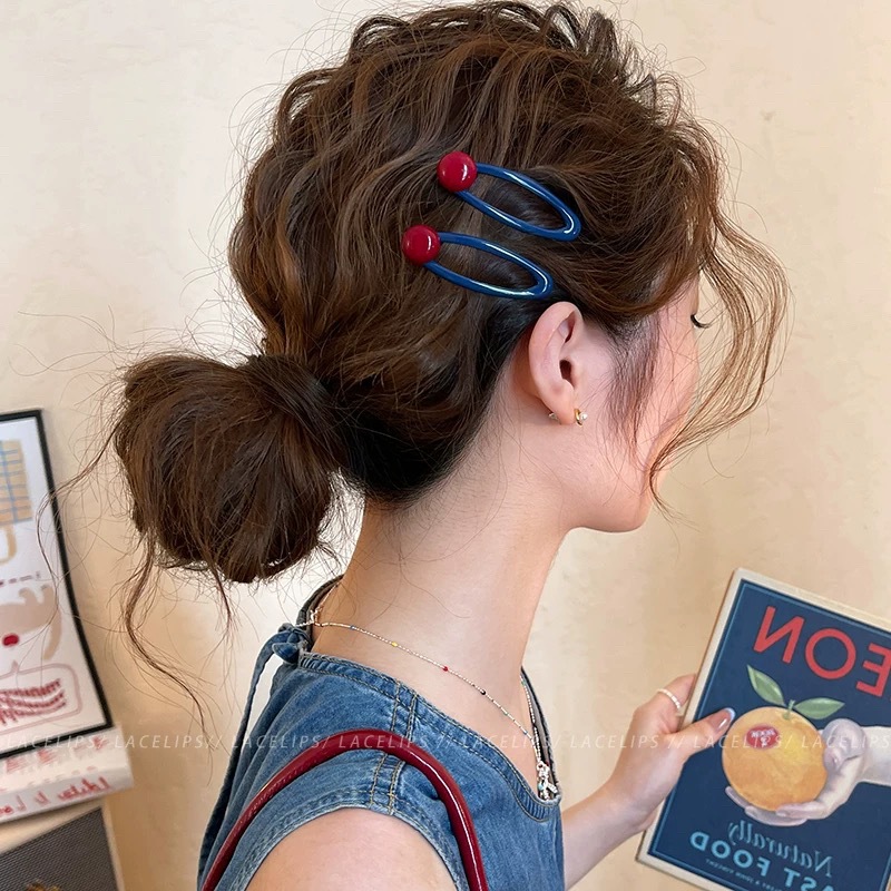 18# sapphire blue oval hollow red bead hairpin [pair]