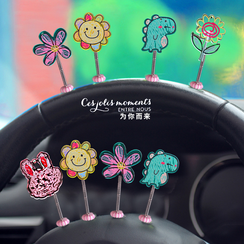 Doodle creativo adorno de coche de dinosaurio de dibujos animados decoración de coche lindo sacudiendo la cabeza