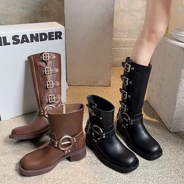 Натуральная кожа в наличии Ботинки рыцаря Ashi Miu на массивном каблуке с рукавами-пяткой высокие сапоги с квадратным носком в стиле панк коричневые модные ботинки