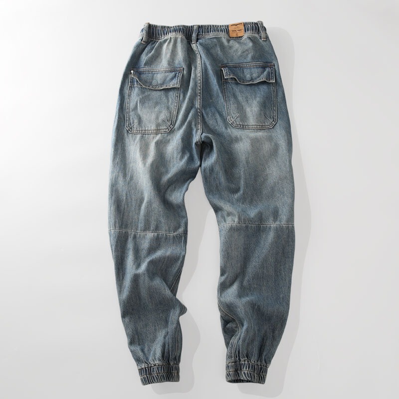 Misi Shop High Street Sand Washed Blue Patch Patched Distressed Loose Cuff Tied Trendy Men's Jeans