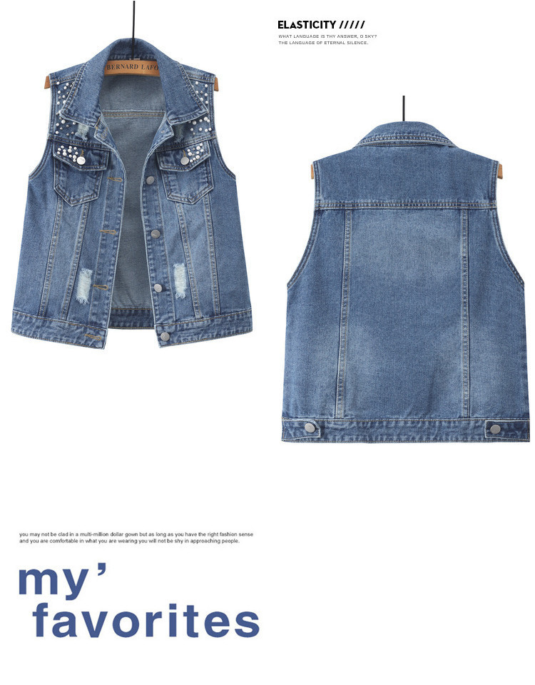 Colete jeans versátil com miçangas para mulheres moda casual_voghion.com