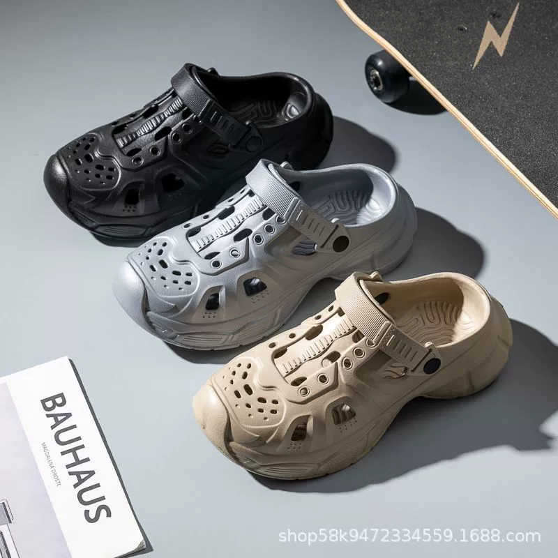 Мужские летние новые сабо для уличной одежды, нескользящие дышащие пляжные тапочки с закрытым носком на толстой подошве и мягкой подошвой из ЭВА.