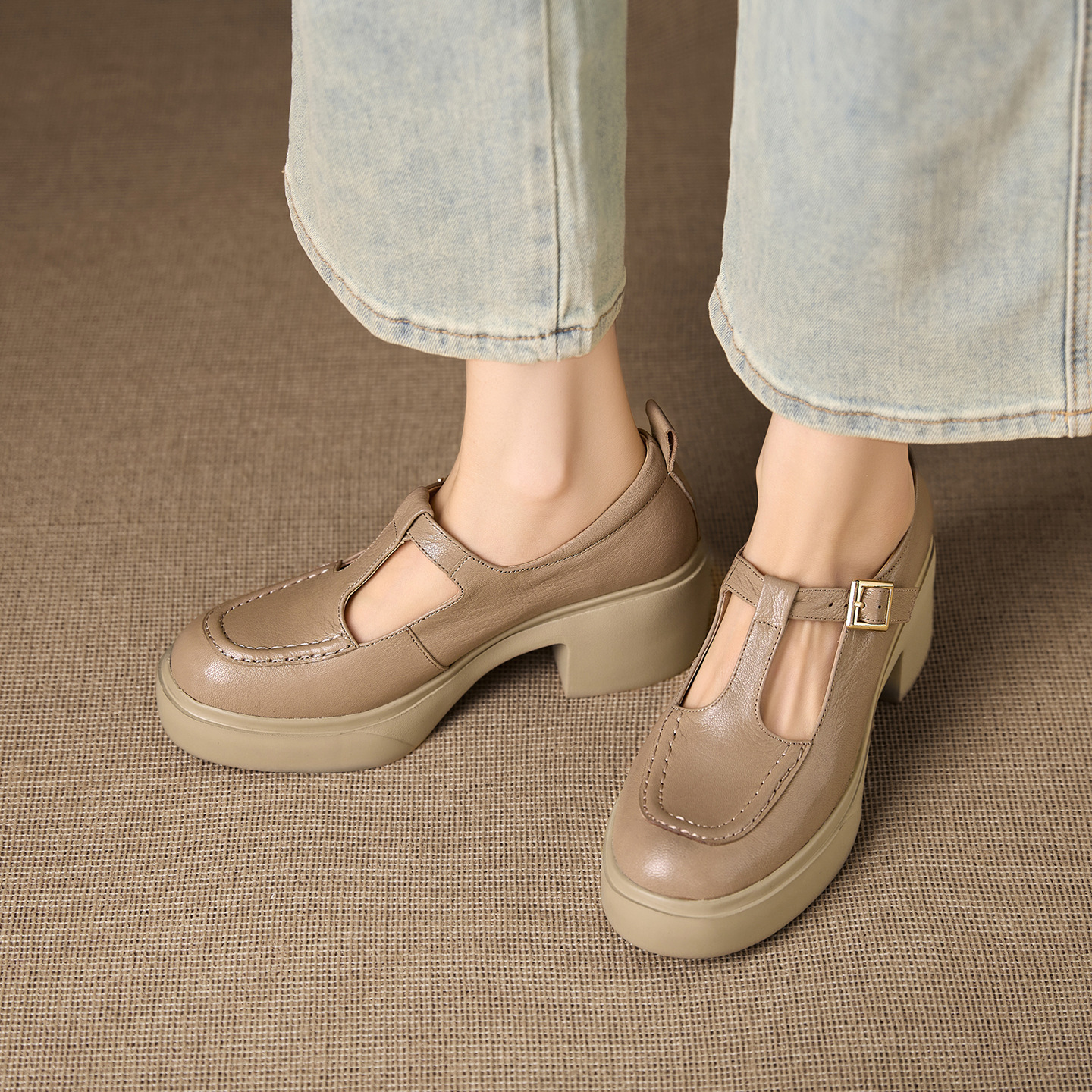 Giày Mary Jane nữ da cừu đế dày gót vuông 6,5 cm quai ngang khóa — đen
