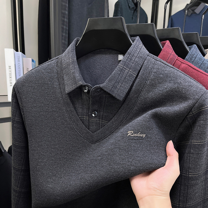 Fleece-Lined Thickened Middle-Aged and Elderly Men's Two-Piece Long-Sleeve Polo Shirt, High-End Quality Loose Spliced Base T-Shirt