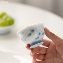 釉下彩手绘青花影青釉花口闻香杯主人杯家用简约女式喝茶杯品茗杯