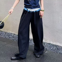 现货 2026春夏新款 小众设计藏青色拼接松紧腰头休闲西裤长裤女