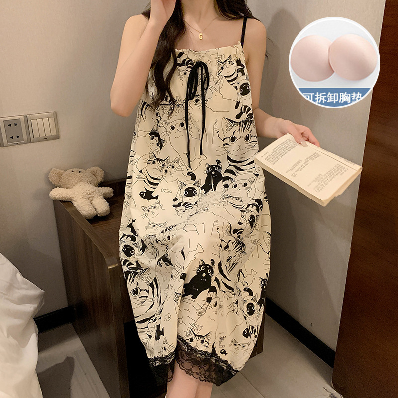 2025 nuevo gato con cojín de pecho pijama mujer de verano cabina de nubes de algodón lindos pijamas para el hogar ropa