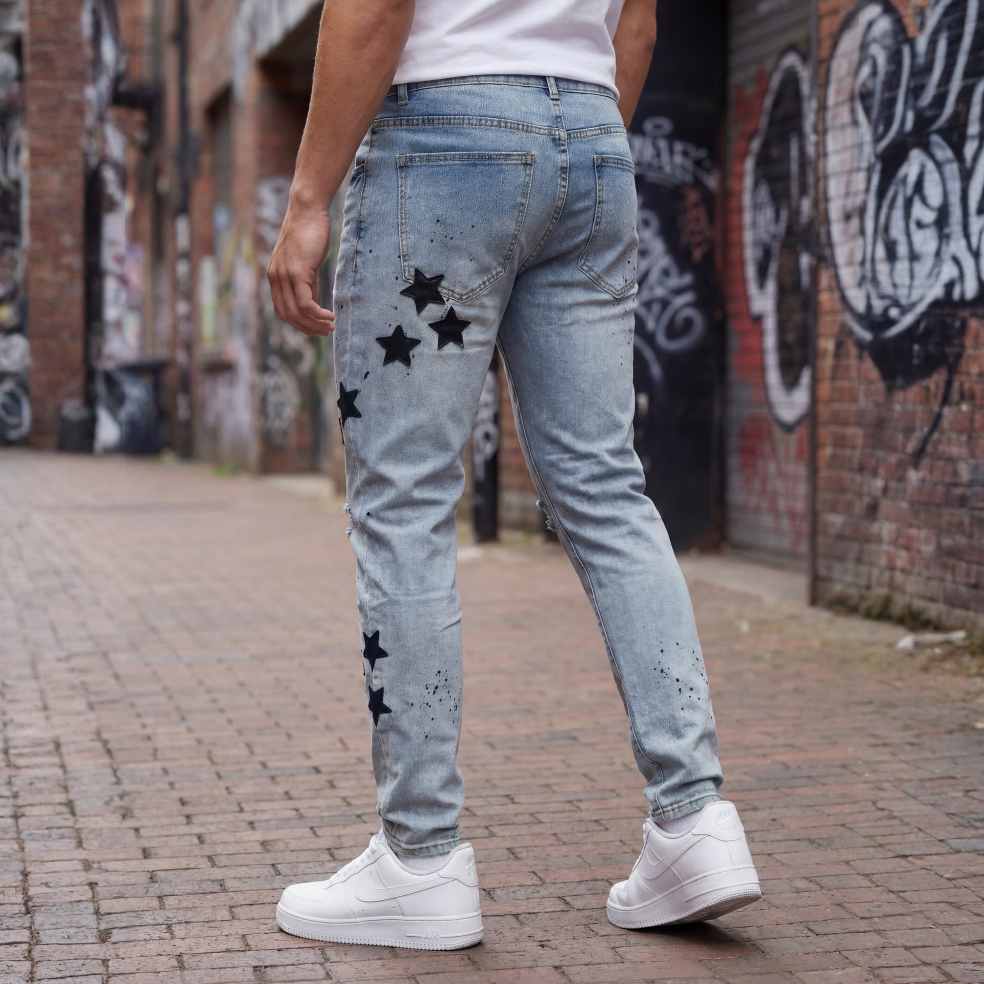 Men's Slim Fit Straight Leg Jeans Star Appliqué Embroidery Splatter Paint Ripped High Street Style Heavy Duty Trendy Brand_mkmklike.com