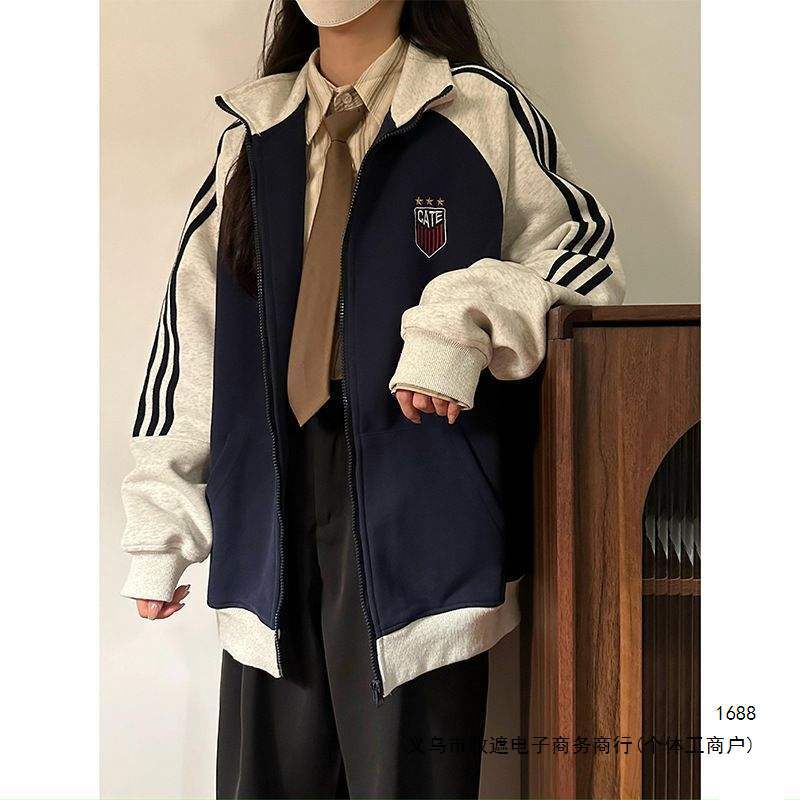 American-style patchwork three-stripe cardigan sweatshirt for men and women, 2026 autumn/winter thin fleece sports casual zip-up jacket