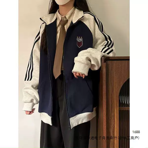 American-style patchwork three-stripe cardigan sweatshirt for men and women, 2026 autumn/winter thin fleece sports casual zip-up jacket