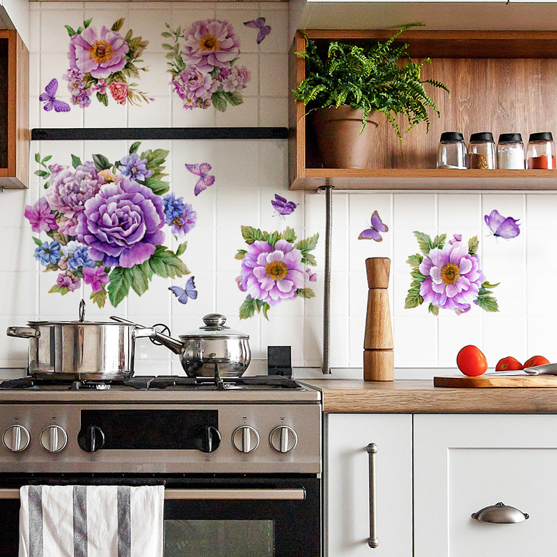 M19028 Design Purple Floral Bathtub Wall Sticker Bedroom Living Room Home Background Decoration Self-Adhesive Wall Sticker