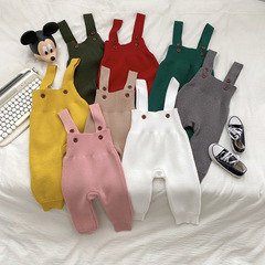 Ins風赤ちゃん秋服ニットバックルパンツ韓国版乳幼児連体服男女赤ちゃん洋気ニットパンツ