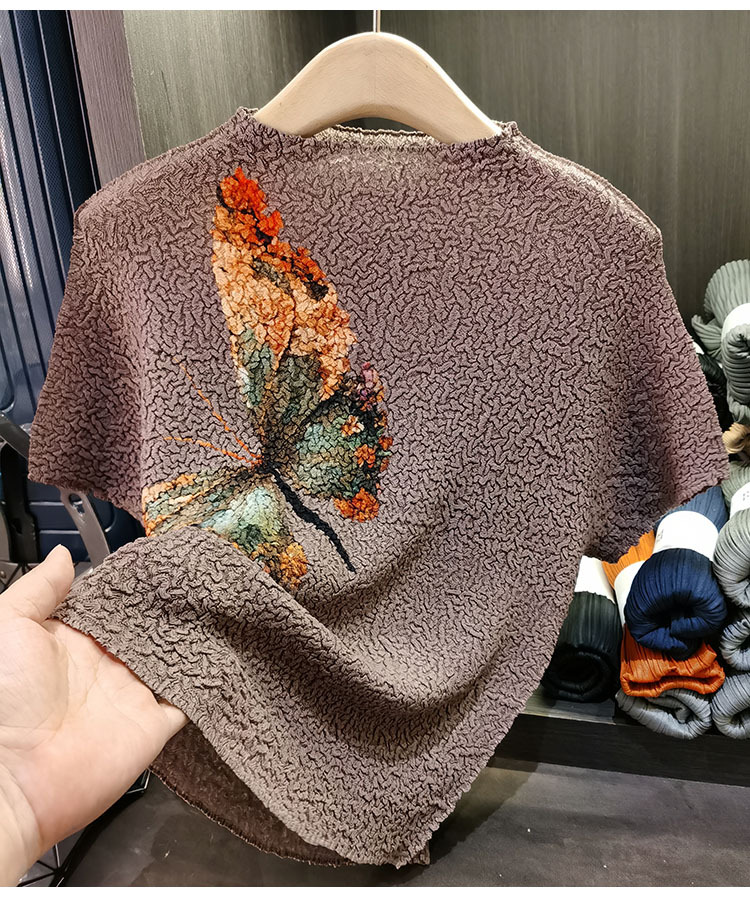 Áo thun nữ in hình bướm tay ngắn dáng rộng mùa hè — Màu đen, Màu cà phê, màu xám, Màu mơ chi tiết 17