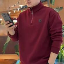 半拉链立领红色长袖卫衣男士秋冬季加绒加厚休闲百搭保暖打底衫男