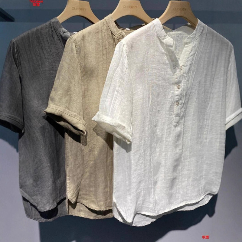 American Retro Linen Round Neck Short-Sleeved Shirt Men's Summer Large Size 100kg Fashion Loose Linen Casual Shirt