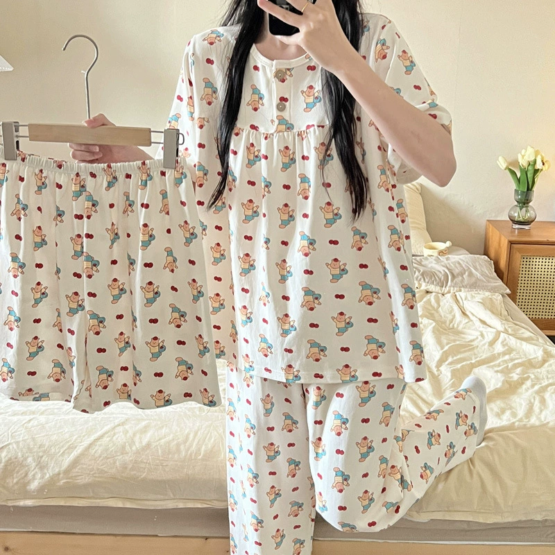 Летний комплект из 3 предметов из искусственного хлопка, женские пижамы, домашняя одежда, брюки с короткими рукавами, шорты