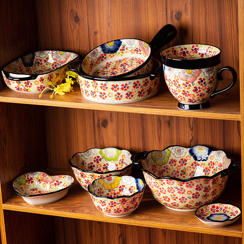 Manhua bright red Boxi ethnic style flower hand painted underglaze household ceramic bowl dish suit noodle soup large Bowl Spoon
