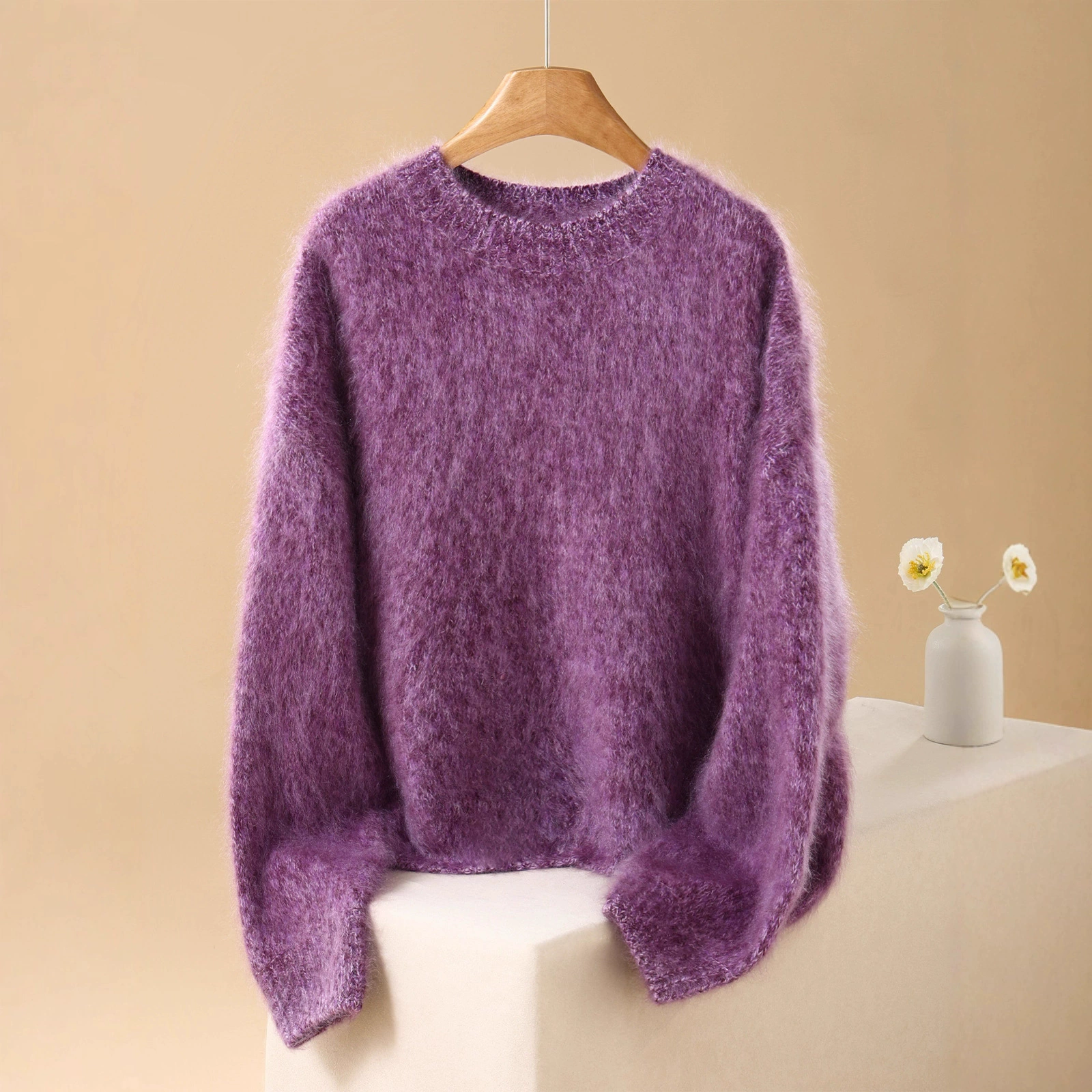 Свитер Cashmere elite бархатный вязаный, круглый ворот, one size, мягкая пушистая фактура