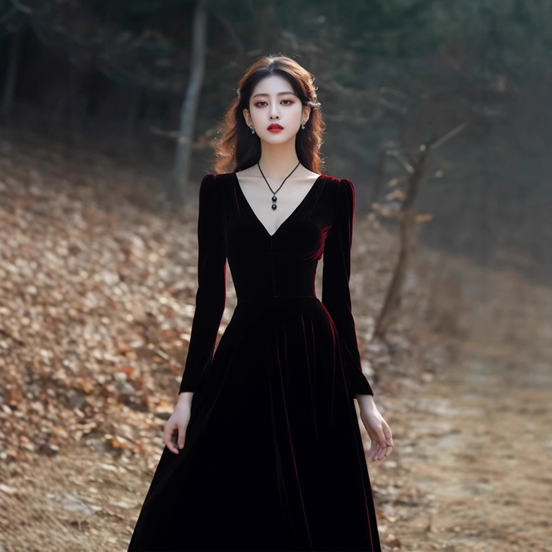 Hepburn-Style Annual Party Evening Dress Formal Occasion Banquet Birthday Dress Super Pretty Burgundy Velvet Dress