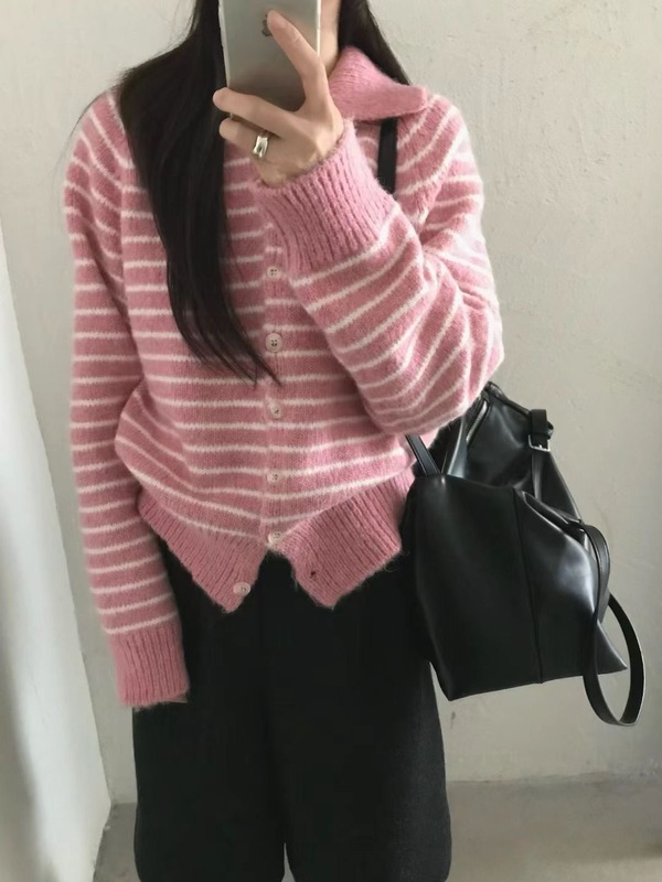 韩系减龄条纹翻领毛衣外套女宽松春秋冬加厚短款软糯针织开衫外穿|undefined
