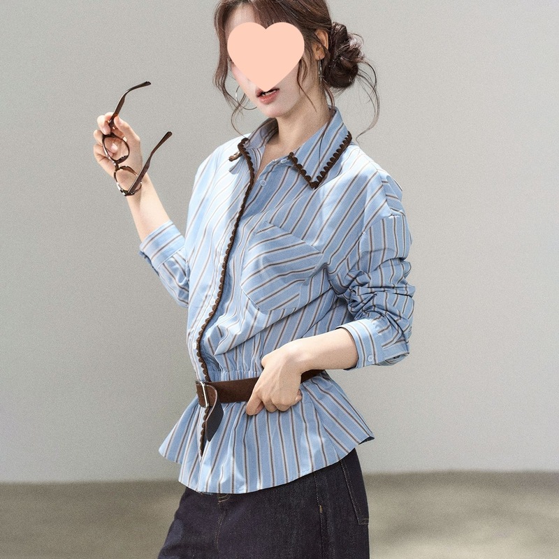 蓝条纹防晒长袖衬衫女2025年秋季新款宽松百搭高级感衬衣露肩|undefined