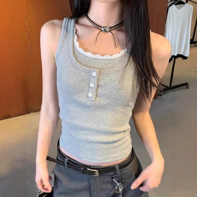【Direct from Manufacturer】Pure and Alluring Korean Style Lace Trim Fake Two-Piece Racerback Tank Top for Women, Slim Fit, Slimming, Outerwear Top 【Direct from Manufacturer】Pure and Alluring Korean Style Lace Trim Fake Two-Piece Racerback Tank Top for Women, Slim Fit, Slimming, Outerwear Top