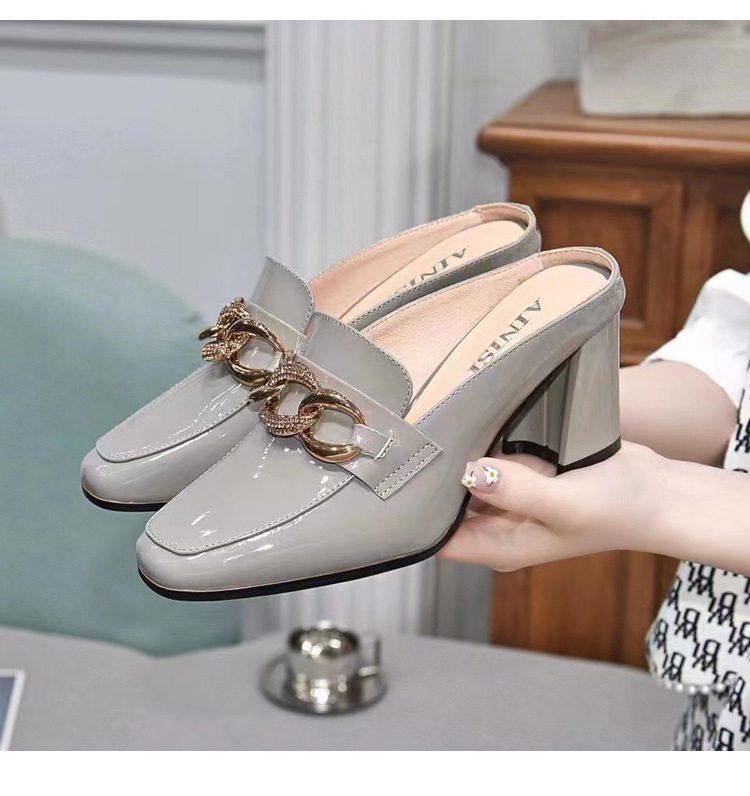 Dép sục bít mũi da thật nữ gót thô 4 cm kiểu lười không gót sau — Gót đen cao 4 cm chi tiết 5