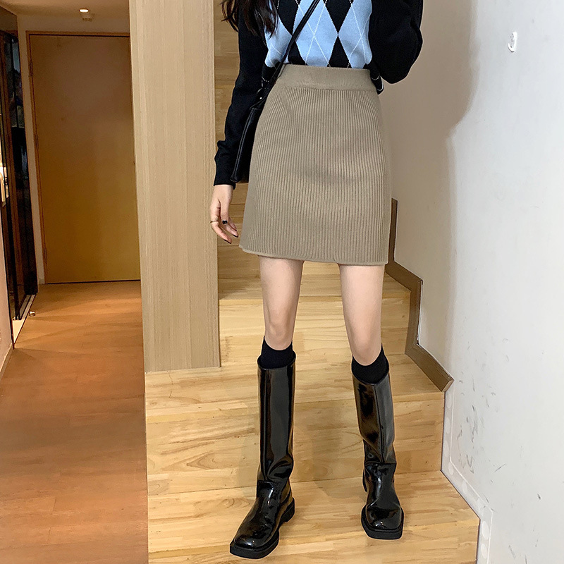 松紧腰弹力针织半身裙女2025秋冬新款高腰纯色坑条A字包臀短裙子|undefined