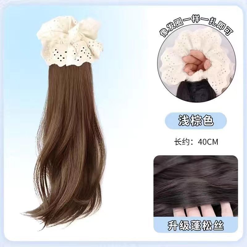 Peruca de cola de caballo femenina simulación lateral simple bajo arco de cola de caballo anillo de cabello flor de pera micro-roll natural red falsa cola de caballo